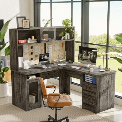 Aheaplus L Shaped Corner Desk with Top Hutch, Computer Desk Workstation with Charge Station and File Cabinet