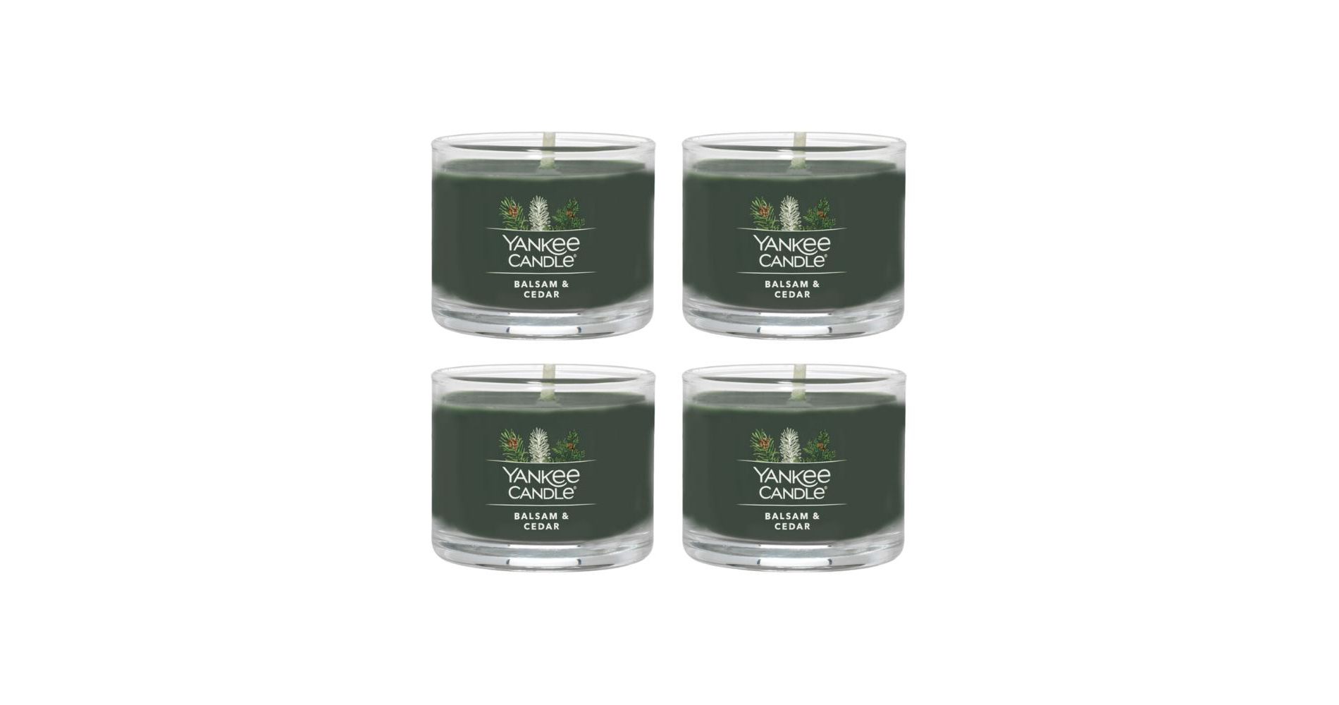 Yankee Candle Signature Votive Mini Candle Jar  Balsam   Cedar Scent  Natural Soy Wax Blend Candle with Natural Fiber Wick  1.3oz Glass Jar  4-Pack