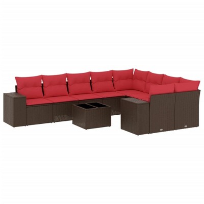 vidaXL 10 Piece Garden Sofa Set with Cushions Brown and Red - With Table