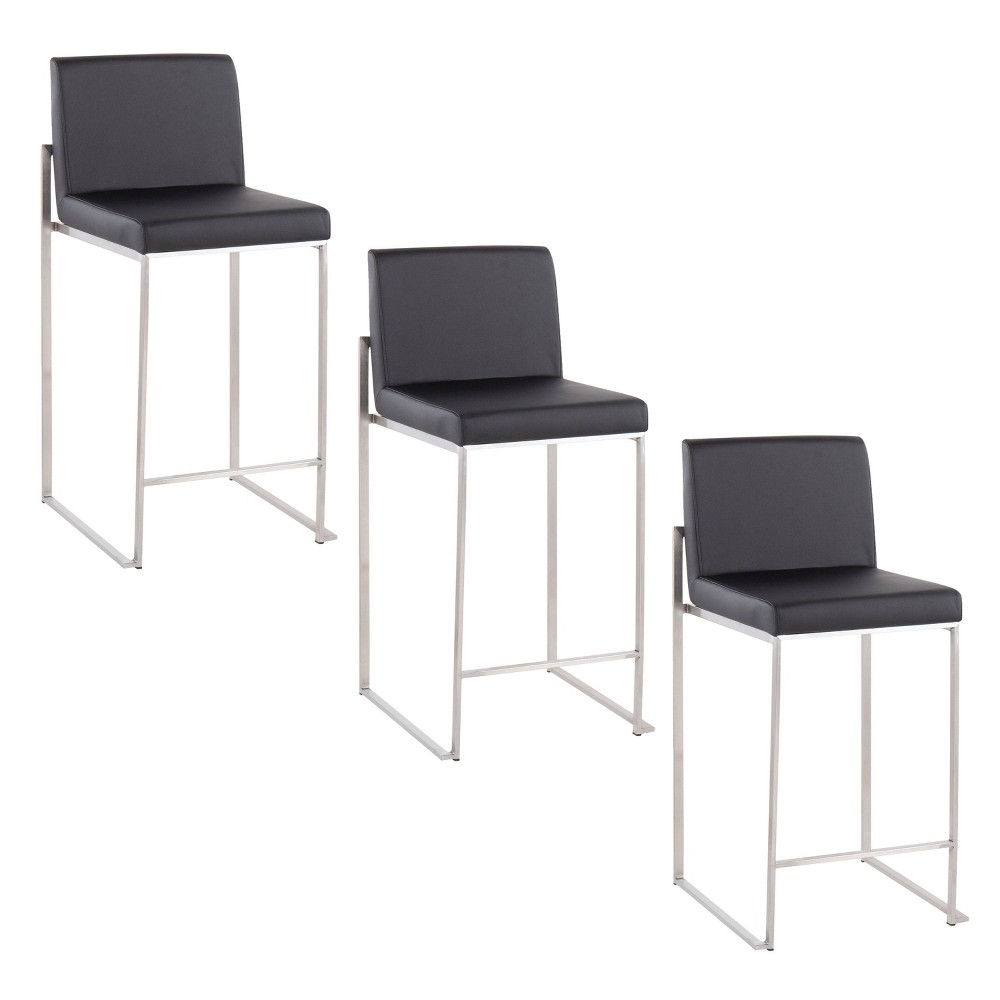 LumiSource Set of 3 Fuji High Back Counter Height Barstools Stainless Steel/Black PU