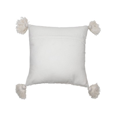 White Cotton Throw Pillow with Tassels and Knots, 18 x 18 inch