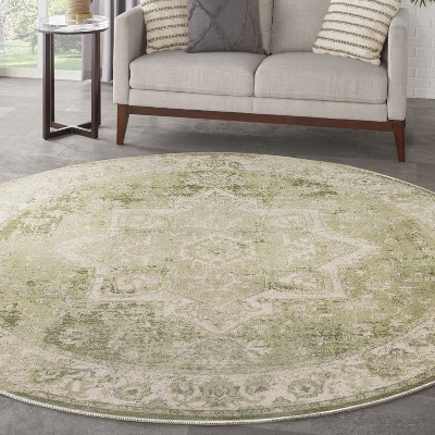 Ivory Green Round Synthetic Medallion Washable Rug 5'3"