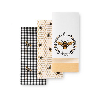 Farmhouse Living Bee Happy Honeycomb Kitchen Towels, Set of 3 - 18" x 28" - Elrene Home Fashions