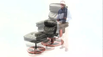 Luxurious Black Leather Swivel Recliner with Wood Base and Ottoman