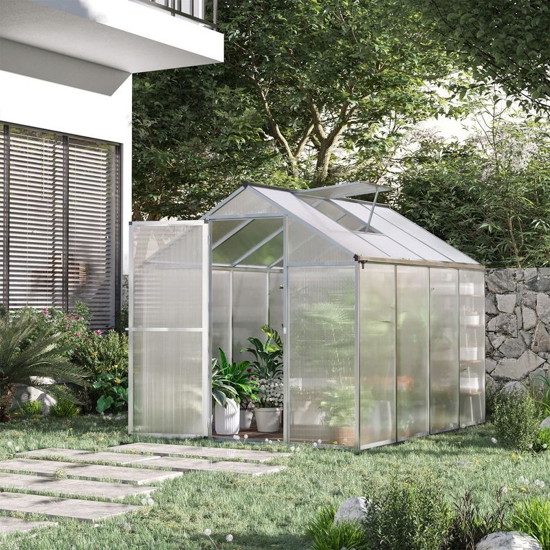 Outsunny Walk-In Polycarbonate Greenhouse with Roof Vent for Ventilation & Rain Gutter, Hobby Greenhouse for Winter, 4 of 13