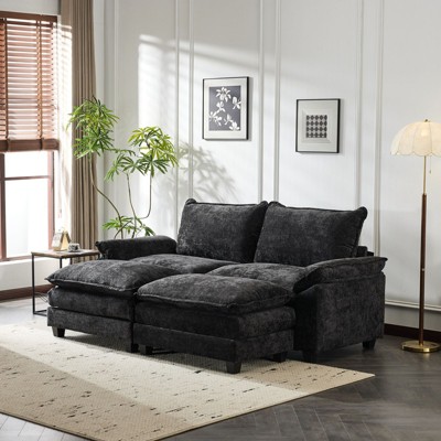 Karl Home |85.4 in. W Pillow Top Arm Double-layer Cushion Chenille Sofa in Black With Ottoman