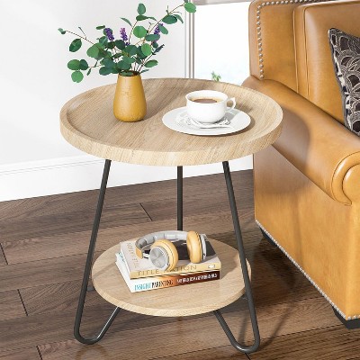 Hommoo Round End Table, 2-Tier Side Table Accent Table with Metal Legs Natural