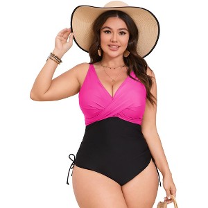 YESFASHION Women Plus Size Swimwear Color Block Drawstring One Piece Swimwear Adjustable Straps Elegant Swimsuit - 1 of 4