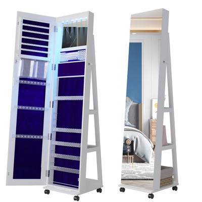 Vlsrka 360° Rotating LED Jewelry Armoire with Lock, Full Length Mirror, Large Floor Standing Organizer with Shelves