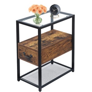 VECELO Wooden Side Table, Modern Narrow Nightstand with Drawer and Shelf for Bedroom Office,Tempered Glass, Black/Brown - 1 of 4