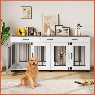 71" Large Dog Crate for 2 Dogs, Wooden Double Dog Crate with 3 Drawers