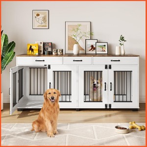 71" Large Dog Crate for 2 Dogs, Wooden Double Dog Crate with 3 Drawers - 1 of 4