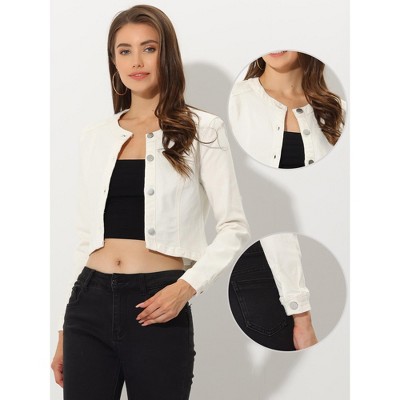 Allegra K Women's Collarless Button Down Crop Jean Denim Jackets Medium White — фото 2