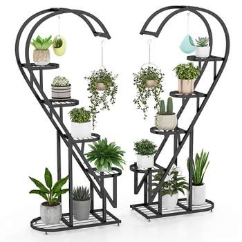 Tangkula 5-Tier Metal Plant Stand, Heart-shaped Plant Shelf Tiered Plant Stand with 4 Hanging Hooks, Wide Slatted Platform Black/Pink & Blue/White