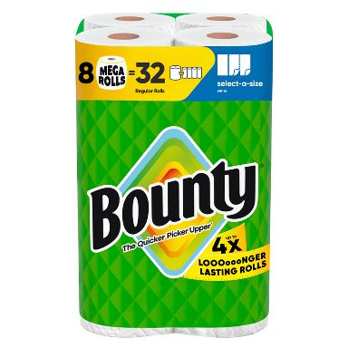 Bounty White Select-A-Size Paper Towels - 8 Mega Rolls - 2-Ply - 164 Sheets: No Fragrance Added, Dye-Free, Non-Toxic