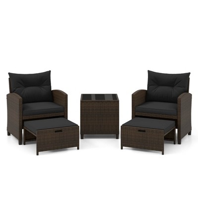 Tangkula 5 CS Rattan Furniture w/ & Tempered Glass & 2 Ottomans Coffee Table Patio