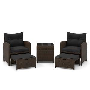 Tangkula 5 CS Rattan Furniture w/ & Tempered Glass & 2 Ottomans Coffee Table Patio - 1 of 4