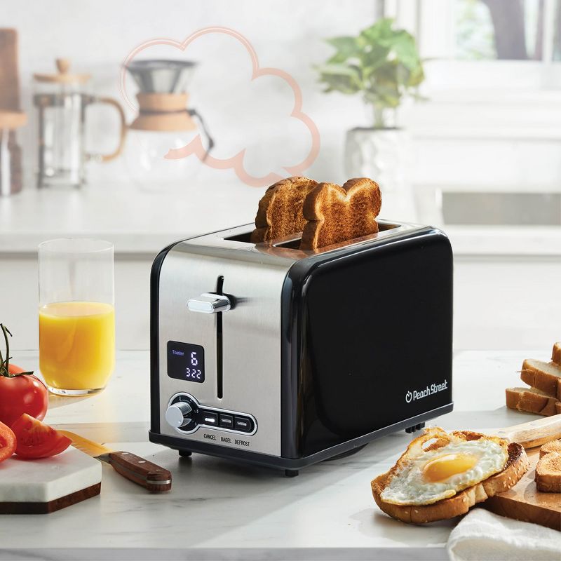 Peach Street 2 Slice Digital Countdown Bread Toaster, Stainless Steel, 6 Browning Levels, Removable Crumb Tray, Defrost, Bagel, Button, 2 of 11