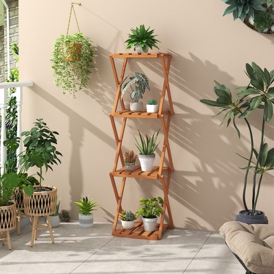 Natural Teak 4-Tier Folding Wooden Plant Stand