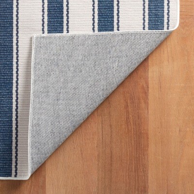 Blue and White Stripe Washable Synthetic Runner Rug
