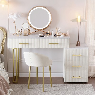 Velvet Upholstered Makeup Vanity Desk with Mirror, Makeup Vanity Table with Padded Stool, 39" Large Dressing Table with 5 Drawers for Bedroom