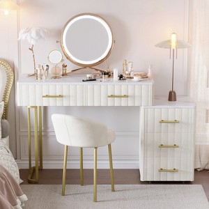 Velvet Upholstered Makeup Vanity Desk with Mirror, Makeup Vanity Table with Padded Stool, 39" Large Dressing Table with 5 Drawers for Bedroom - 1 of 4