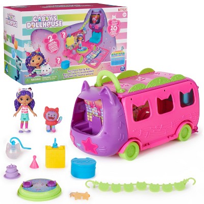 Photo 1 of Gabby’s Dollhouse Celebration Party Bus, Transforming Playset with Gabby & DJ Catnip Toy Figures & Dollhouse Accessories, Kids Toys for Ages 3 and Up