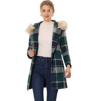 Allegra K Women's Winter Thick Button Front Pockets Check Plaid Coat with Fluffy Hood