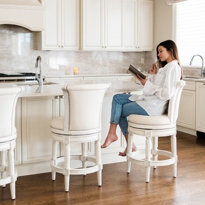 White Oak Swivel Upholstered Bar Stools with Nailhead Trim, Set of 3