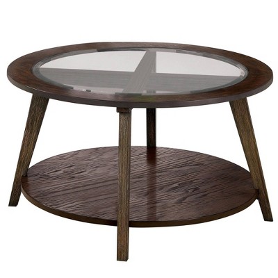 32" Coffee Table with Round Glass Top and Angled Legs Brown - Benzara