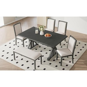 CAVINAS Dining Table Set for 6 Kitchen Table Wood Dining Table Set with Trestle Legs 4 Upholstered Dining Chairs and Bench for Dining Room - 1 of 4