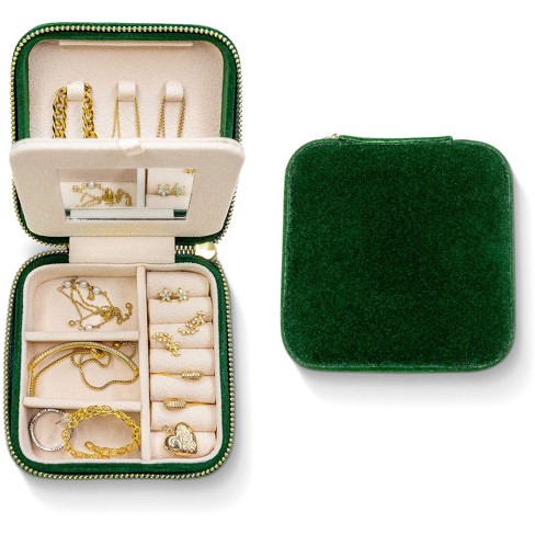 Velvet Jewelry Box Organizer - Lockable 2 Layer Travel Case, Earrings Storage with Removable Tray for Women, Men (Green)