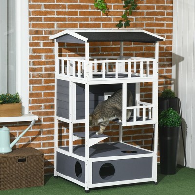 LOVMOR Wooden Outdoor Cat House, Feral Cat Shelter Kitten Tree with Asphalt Roof, Escape Doors, Condo, Jumping Platform