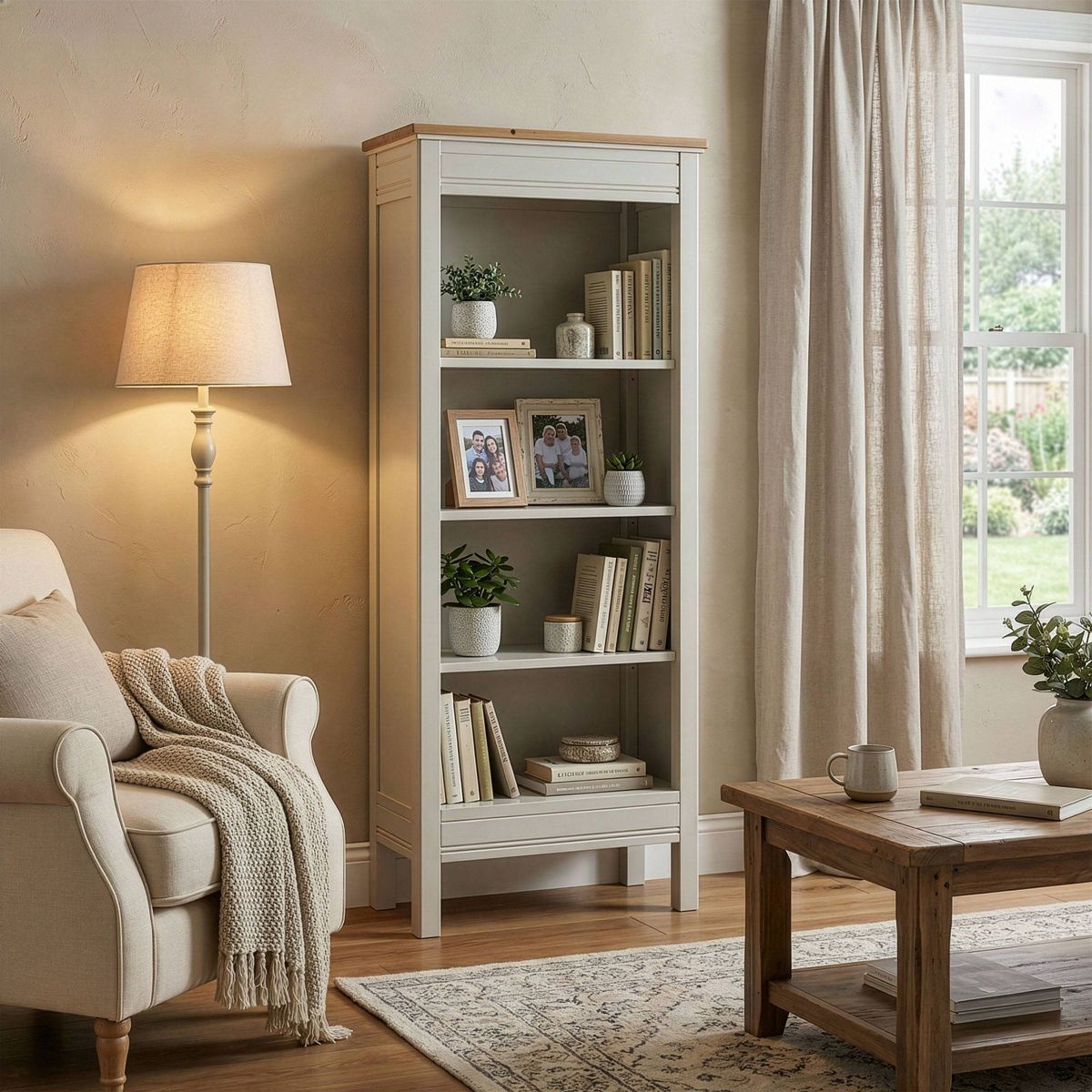 60" Savannah Tall Bookshelf Ivory with Natural Wood Top - Alaterre Furniture - thumbnail 9