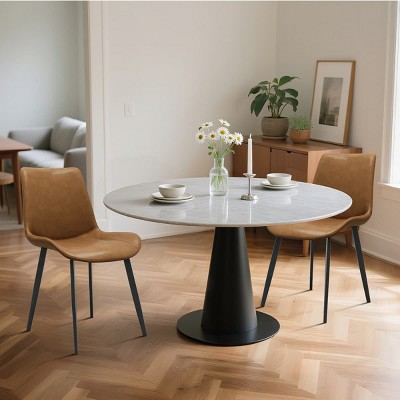 Modern PU Leather Dining Chairs Set of 2, Armless Upholstered Accent Chairs with Black Metal Legs for Kitchen, Dining Room, or Living Room-Tanpinhause