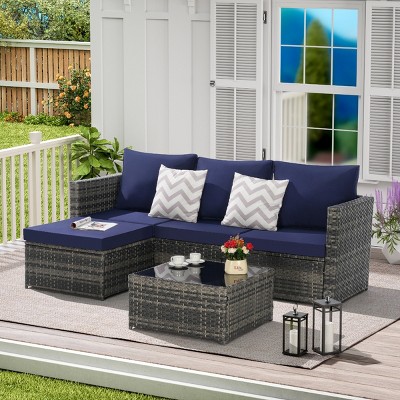 Outdoor Sofa Set, PE Woven Sofa With Cushions, Sectional L- Shaped Sofa, Conversation Set with Ottoman, Detachable Lounger Table-Coolbibila