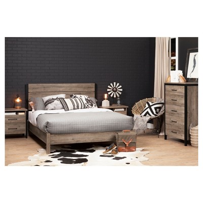 Weathered Oak Queen Platform Bed with Upholstered Headboard