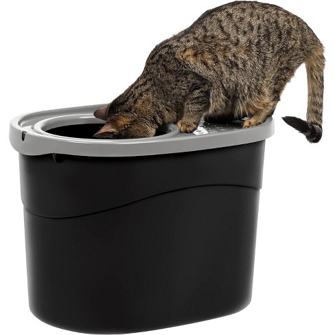 IRIS USA Oval Top Entry Cat Litter Box with Litter Catching Lid Privacy Walls and Scoop Black Gray