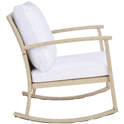 Beige and White Rattan Rocking Chair with Cushions
