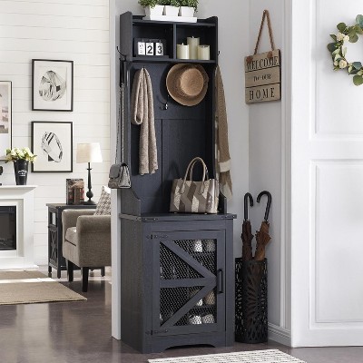 Hall Tree with Shoe Storage, Farmhouse Entryway Bench with Coat Hooks & Sliding Barn Doors, for Entryway, Bedroom, Living Room