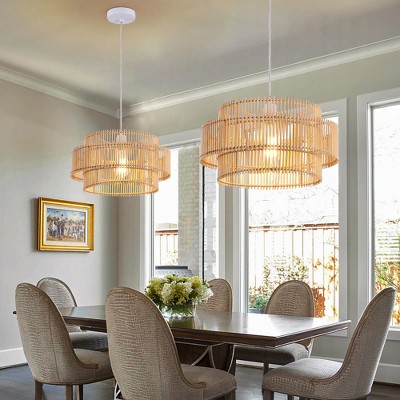 16'' Beige Bamboo and Metal Pendant Light with Adjustable Height