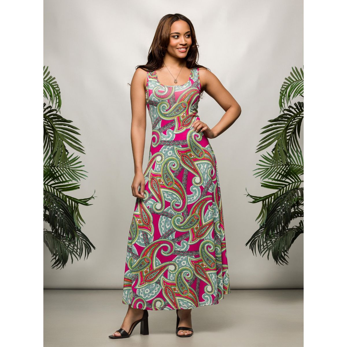 24seven Comfort Apparel Womens Hot Pink Paisley Print Scoop Neck A Line Sleeveless Maxi Dress - thumbnail 5