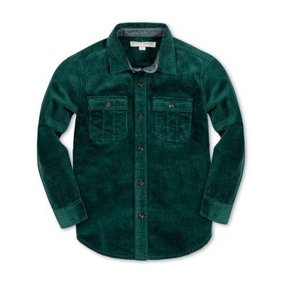 Hope & Henry Boys' Long Sleeve Corduroy Button Down Shirt with Flap Pockets, Deep Green Cord, XX-Small