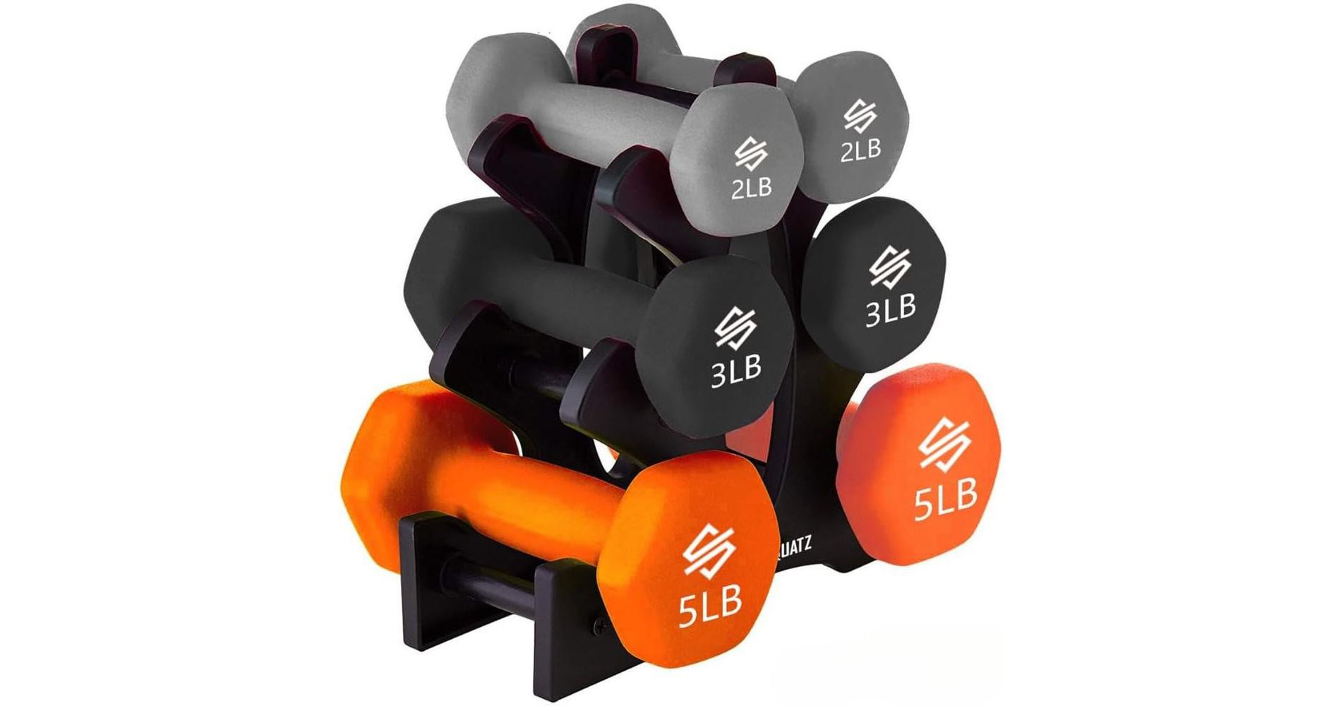 SQUATZ 20lb Dumbbell Weights Set with Stand - Neoprene Coated, Hex Shape, 3 Pairs (2, 3, 5lbs)