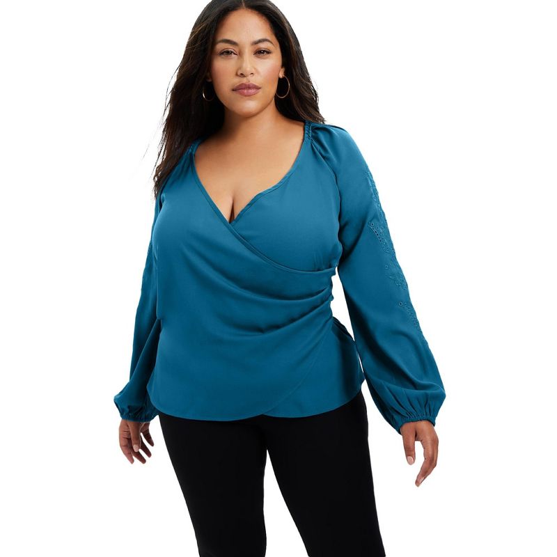 June + Vie by Roaman's Women's Plus Size Embroidered V-Neck Wrap Blouse, 1 of 2