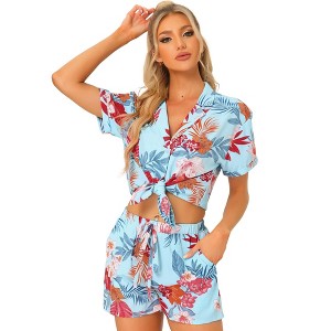 Allegra K Women's Floral Tropical Vacation Beach Hawaiian Button Down Shirt and Short Set - 1 of 4