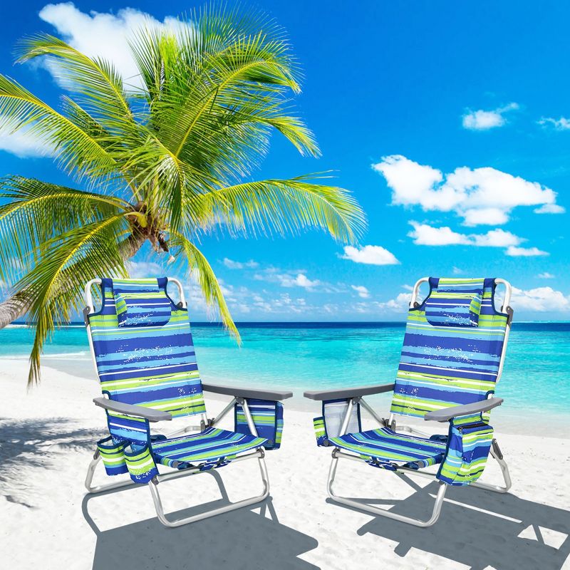 2-Pack Folding Backpack Beach Chair 5-Position Outdoor Reclining Chairs with Pillow Blue/Pattern/Pink/Yellow, 1 of 11