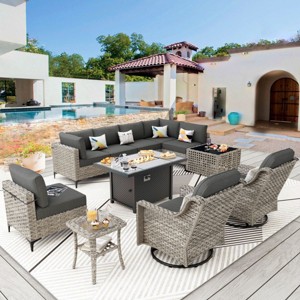 XIZZI 11-Piece Furniture Set with Rectangular Fire Pit Table, Sectional Sofa and Swivel Rocking Chairs, Furniture Set with Solar Coffee Table - 1 of 4