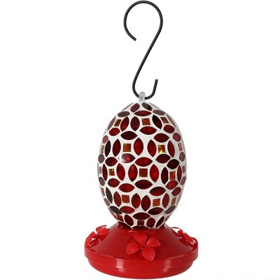 Sunnydaze Outdoor Garden Patio Oval Glass with Mosaic Flower Design Hummingbird Feeder - 18 oz - 7" - Red