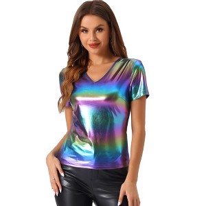 INSPIRE CHIC Women's V Neck Short Sleeve Party Clubwear Shiny Metallic Blouses - 1 of 4